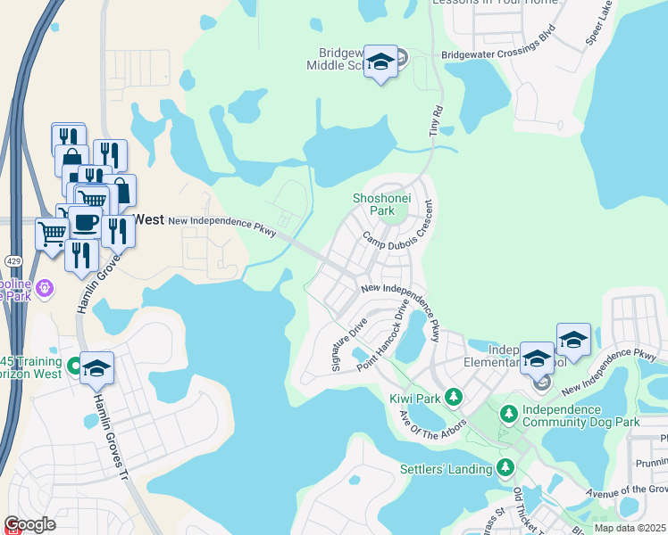 map of restaurants, bars, coffee shops, grocery stores, and more near New Independence Parkway in Winter Garden