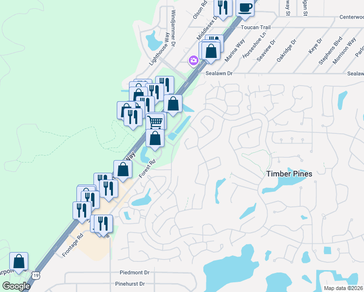 map of restaurants, bars, coffee shops, grocery stores, and more near 6288 Darien Way in Spring Hill