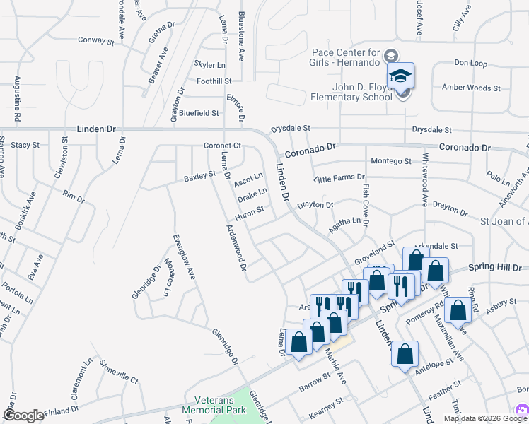 map of restaurants, bars, coffee shops, grocery stores, and more near 12344 Huron Street in Spring Hill