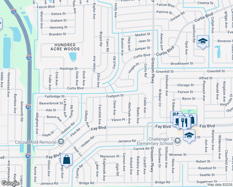 map of restaurants, bars, coffee shops, grocery stores, and more near 5185 Arlington Road in Cocoa