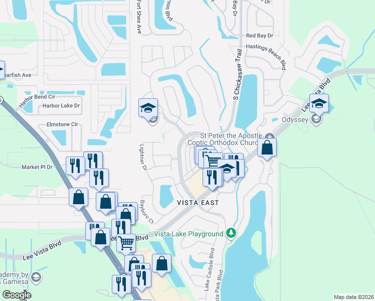 map of restaurants, bars, coffee shops, grocery stores, and more near 6224 Swansea Bay Court in Orlando