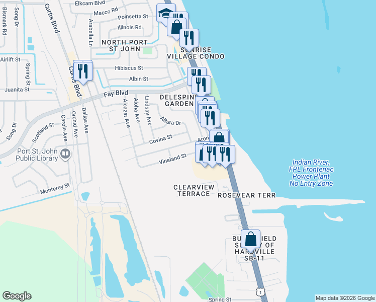 map of restaurants, bars, coffee shops, grocery stores, and more near 1180 Aron Street in Cocoa