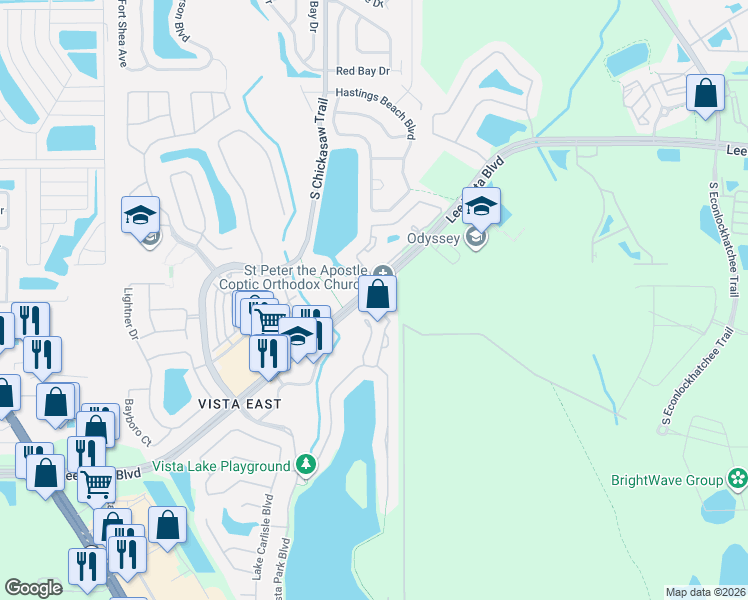 map of restaurants, bars, coffee shops, grocery stores, and more near 8951 Lee Vista Boulevard in Orlando