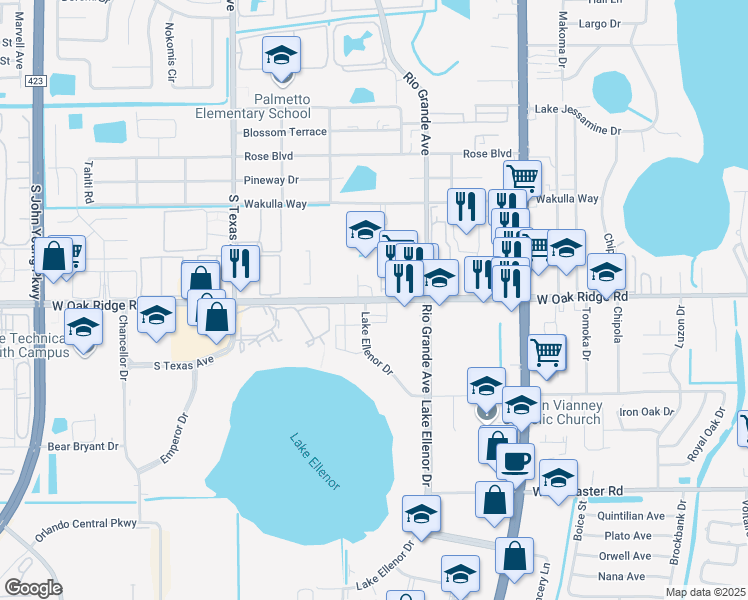 map of restaurants, bars, coffee shops, grocery stores, and more near 1808 West Oak Ridge Road in Orlando