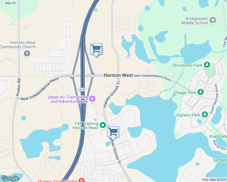 map of restaurants, bars, coffee shops, grocery stores, and more near 5300 Hamlin Groves Trail in Winter Garden