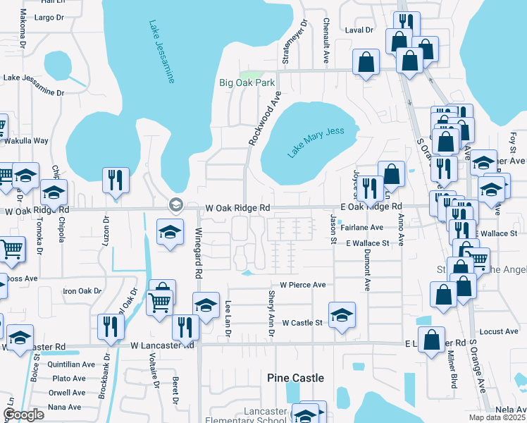 map of restaurants, bars, coffee shops, grocery stores, and more near 420 West Oak Ridge Road in Pine Castle