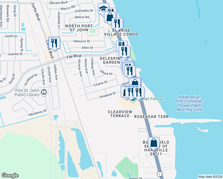 map of restaurants, bars, coffee shops, grocery stores, and more near 1180 Aron Street in Cocoa