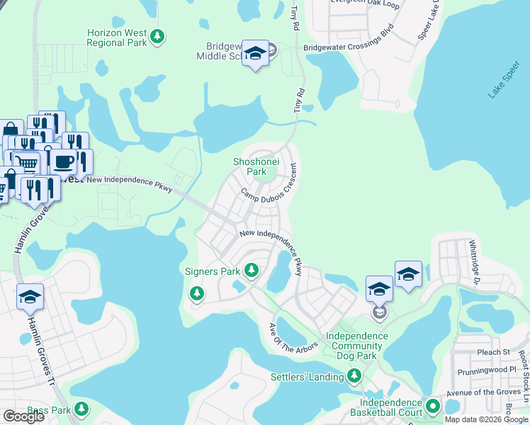 map of restaurants, bars, coffee shops, grocery stores, and more near 15619 Expedition Street in Winter Garden