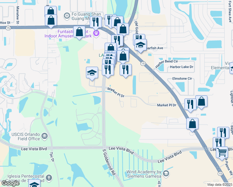 map of restaurants, bars, coffee shops, grocery stores, and more near Market Place Drive in Orlando