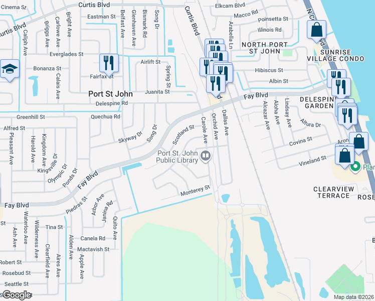 map of restaurants, bars, coffee shops, grocery stores, and more near 3940 Oakland Street in Cocoa