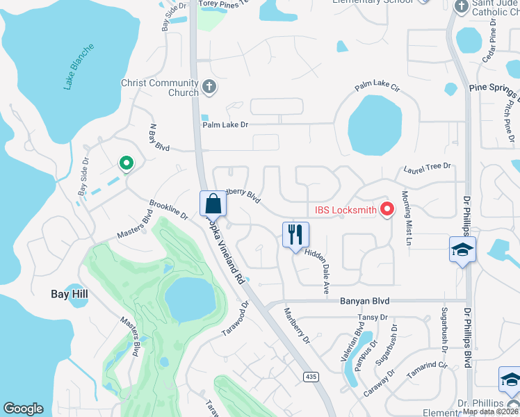 map of restaurants, bars, coffee shops, grocery stores, and more near 8619 Sandberry Boulevard in Orlando