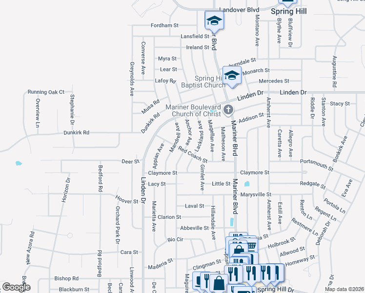 map of restaurants, bars, coffee shops, grocery stores, and more near 2488 Mandrell Avenue in Spring Hill