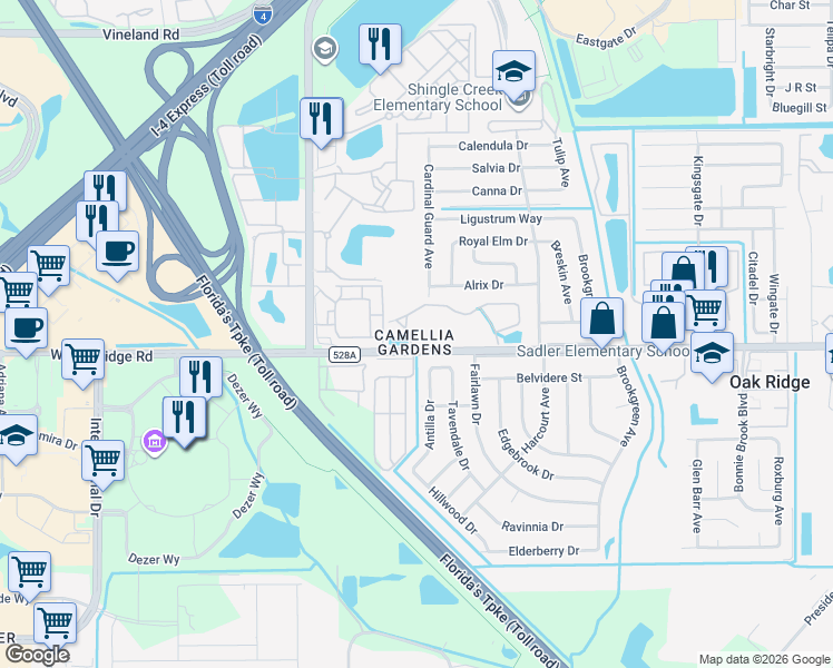 map of restaurants, bars, coffee shops, grocery stores, and more near 5839 Ridge Club Loop in Orlando