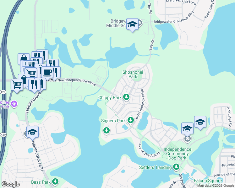 map of restaurants, bars, coffee shops, grocery stores, and more near 5417 New Independence Parkway in Winter Garden