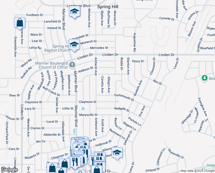 map of restaurants, bars, coffee shops, grocery stores, and more near 2457 Allegro Avenue in Spring Hill