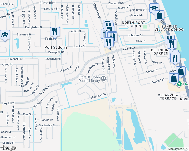 map of restaurants, bars, coffee shops, grocery stores, and more near 3940 Oakland Street in Cocoa
