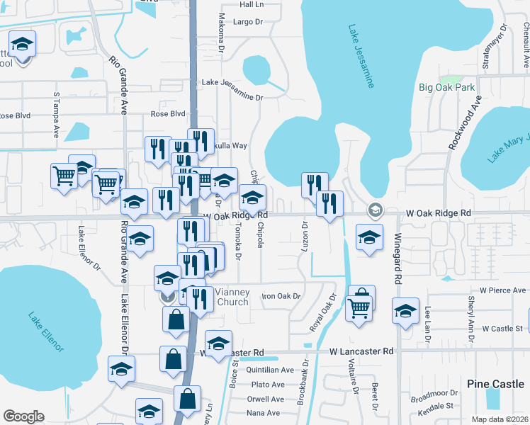 map of restaurants, bars, coffee shops, grocery stores, and more near 923 West Oak Ridge Road in Orlando