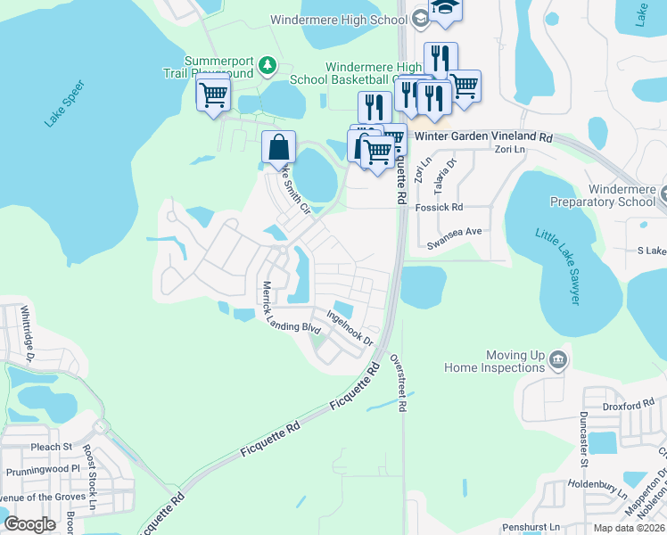 map of restaurants, bars, coffee shops, grocery stores, and more near 6395 Bridgewater Village Road in Windermere