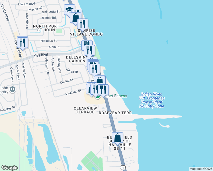 map of restaurants, bars, coffee shops, grocery stores, and more near 6340 North Cocoa Boulevard in Port Saint John