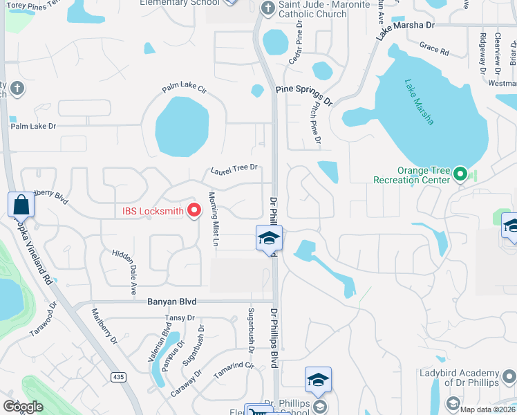 map of restaurants, bars, coffee shops, grocery stores, and more near 6433 Rockingtree Lane in Orlando