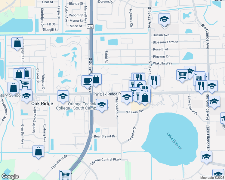 map of restaurants, bars, coffee shops, grocery stores, and more near 2727 West Oak Ridge Road in Orlando