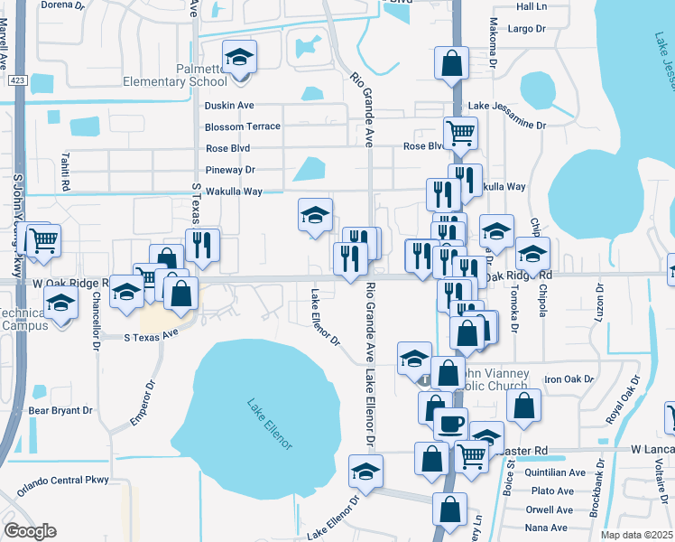 map of restaurants, bars, coffee shops, grocery stores, and more near 1801 West Oak Ridge Road in Orlando
