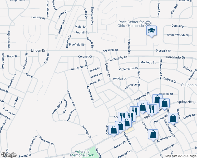 map of restaurants, bars, coffee shops, grocery stores, and more near 12339 Huron Street in Spring Hill