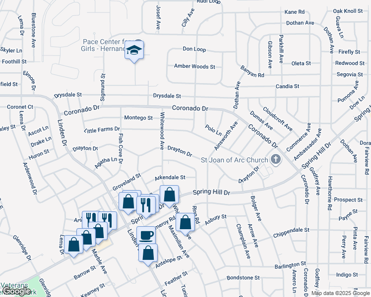 map of restaurants, bars, coffee shops, grocery stores, and more near 13215 Drayton Drive in Spring Hill