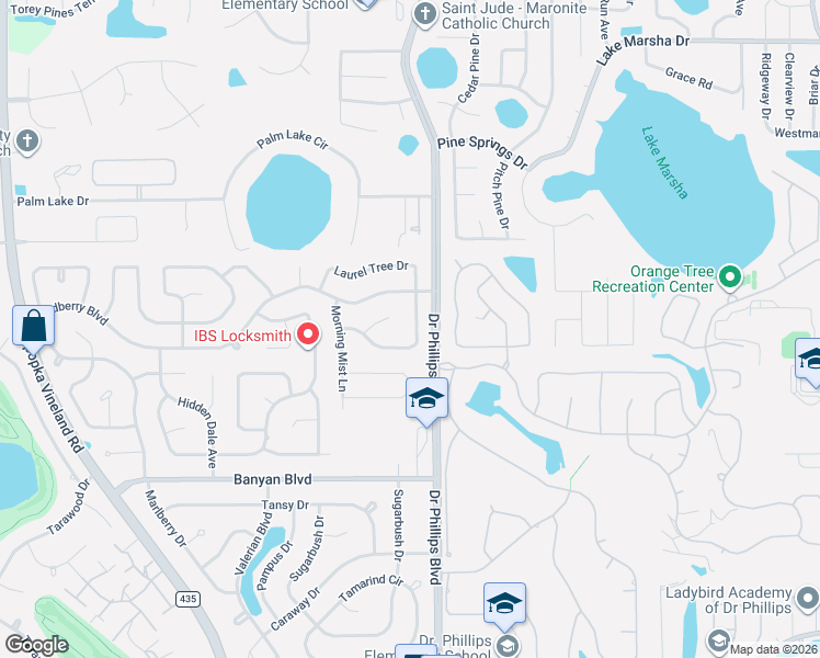map of restaurants, bars, coffee shops, grocery stores, and more near 6433 Rockingtree Lane in Orlando