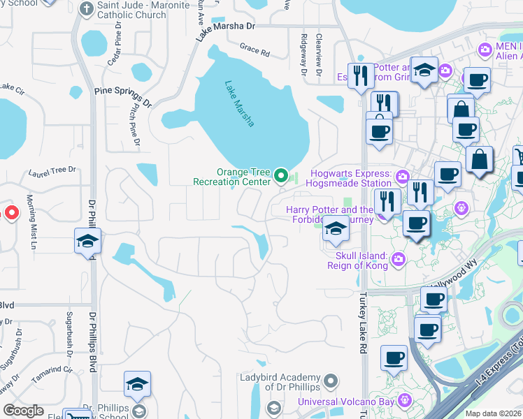 map of restaurants, bars, coffee shops, grocery stores, and more near 7450 Sparkling Lake Road in Orlando