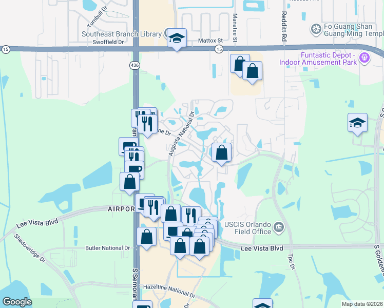 map of restaurants, bars, coffee shops, grocery stores, and more near 5918 Bent Pine Drive in Orlando