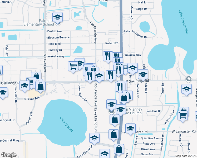 map of restaurants, bars, coffee shops, grocery stores, and more near 1635 West Oak Ridge Road in Orlando