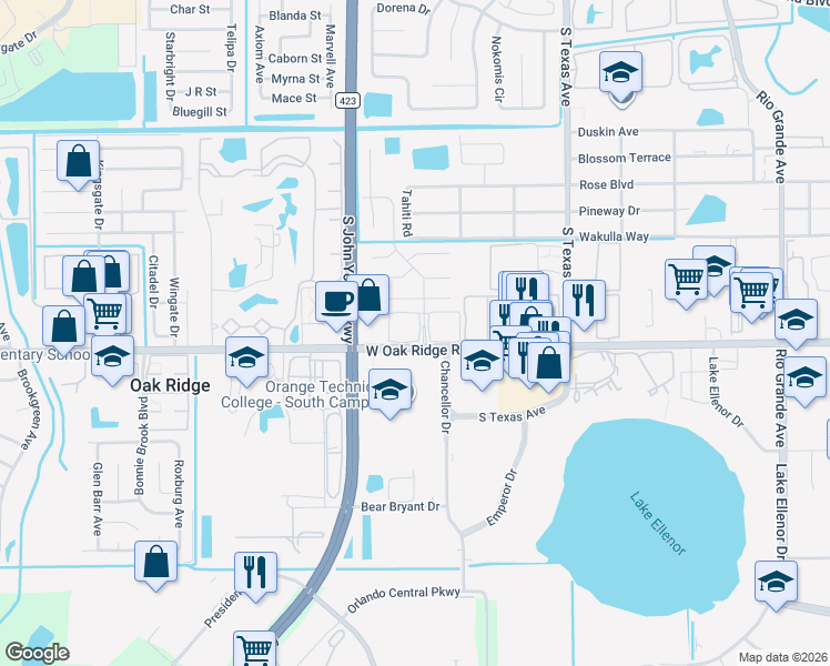 map of restaurants, bars, coffee shops, grocery stores, and more near 2929 West Oak Ridge Road in Orlando