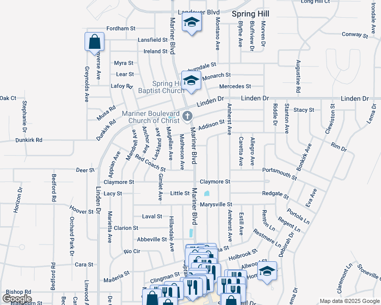 map of restaurants, bars, coffee shops, grocery stores, and more near 2473 Mariner Boulevard in Spring Hill