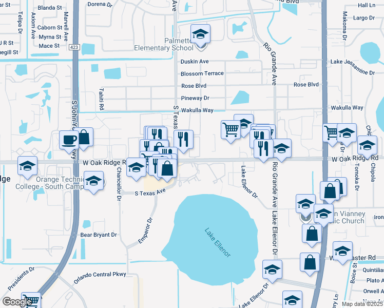 map of restaurants, bars, coffee shops, grocery stores, and more near 2173 West Oak Ridge Road in Orlando