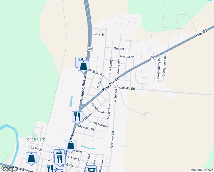 map of restaurants, bars, coffee shops, grocery stores, and more near 1403 King David Drive in Three Rivers