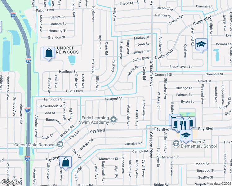 map of restaurants, bars, coffee shops, grocery stores, and more near 5185 Arlington Road in Cocoa