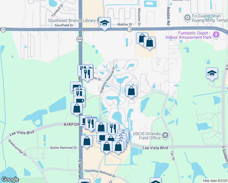 map of restaurants, bars, coffee shops, grocery stores, and more near 5918 Bent Pine Drive in Orlando