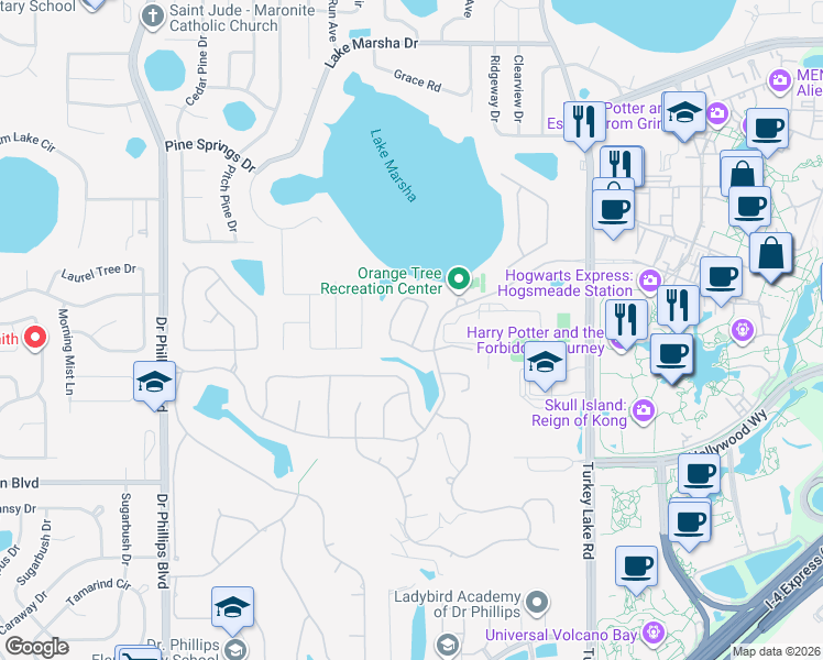map of restaurants, bars, coffee shops, grocery stores, and more near 7450 Sparkling Lake Road in Orlando