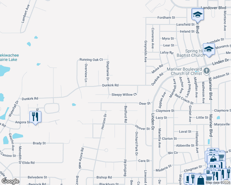 map of restaurants, bars, coffee shops, grocery stores, and more near 10099 Sleepy Willow Court in Spring Hill