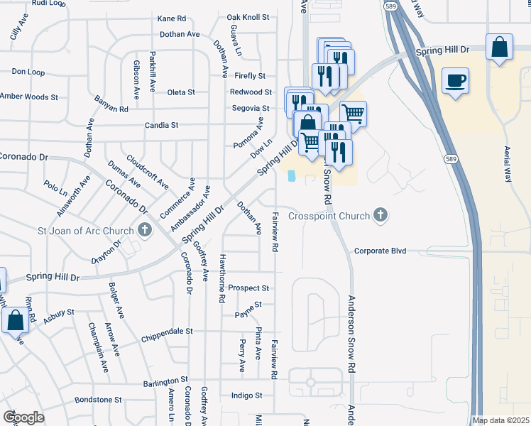 map of restaurants, bars, coffee shops, grocery stores, and more near 14200 Dorado Street in Spring Hill