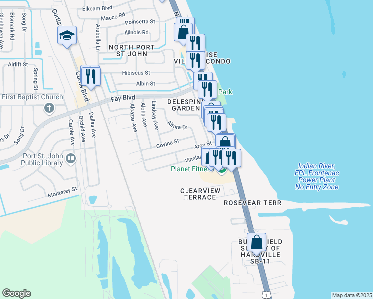 map of restaurants, bars, coffee shops, grocery stores, and more near 1180 Aron Street in Cocoa