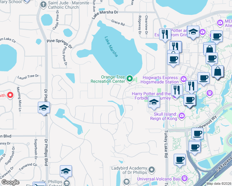 map of restaurants, bars, coffee shops, grocery stores, and more near 7450 Sparkling Lake Road in Orlando