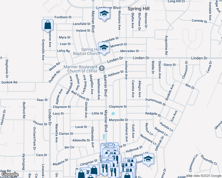 map of restaurants, bars, coffee shops, grocery stores, and more near 2470 Keeport Drive in Spring Hill