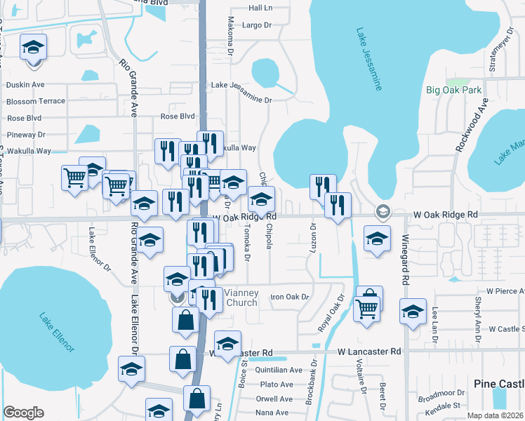 map of restaurants, bars, coffee shops, grocery stores, and more near 1005 West Oak Ridge Road in Orlando
