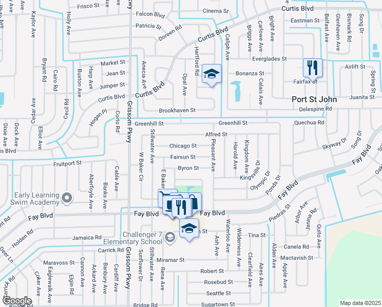 map of restaurants, bars, coffee shops, grocery stores, and more near 4748 Fairsun Street in Cocoa