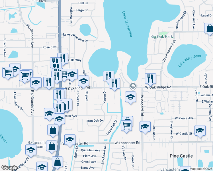 map of restaurants, bars, coffee shops, grocery stores, and more near 827 West Oak Ridge Road in Orlando