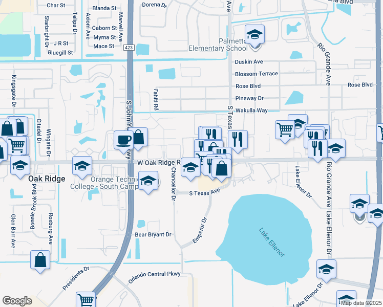 map of restaurants, bars, coffee shops, grocery stores, and more near 2533 West Oak Ridge Road in Orlando