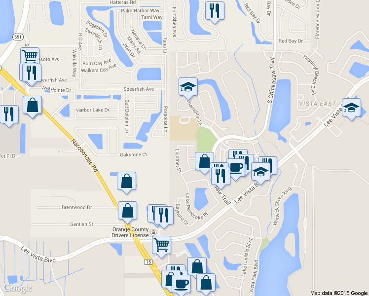 map of restaurants, bars, coffee shops, grocery stores, and more near 6180 Glenn Cliff Way in Orlando