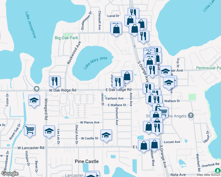 map of restaurants, bars, coffee shops, grocery stores, and more near 113 County Road 528A in Pine Castle